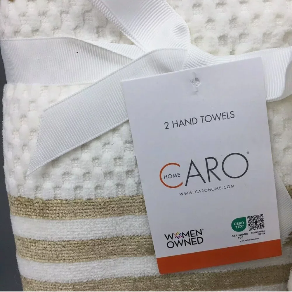 4pc Caro Gold Stripes 2 Bath 2 Hand Towel Set Luxury Velour Soft Cream Cotton